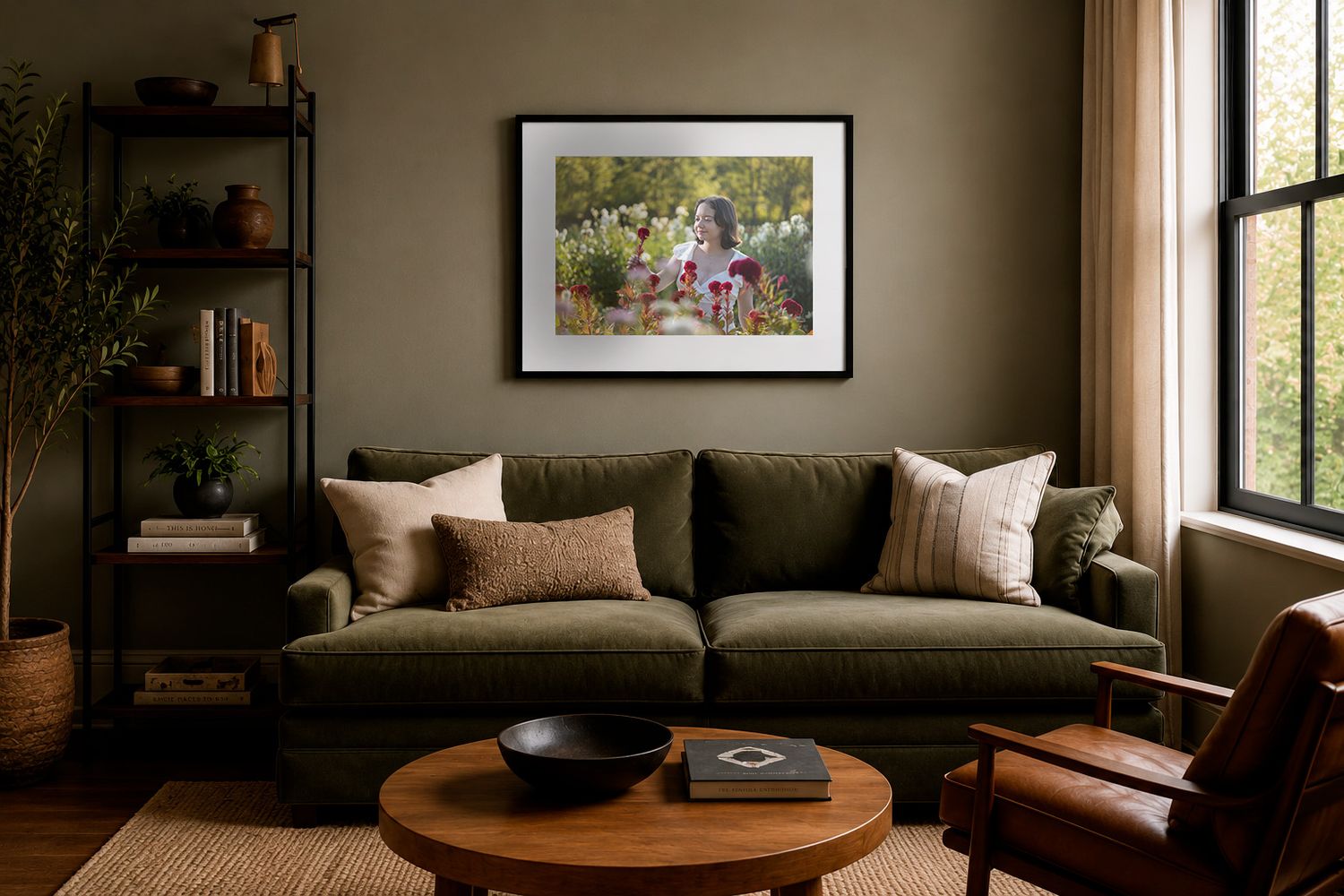 Cozy living room with olive green sofa, wooden coffee table, framed garden art, and natural light from a large window.