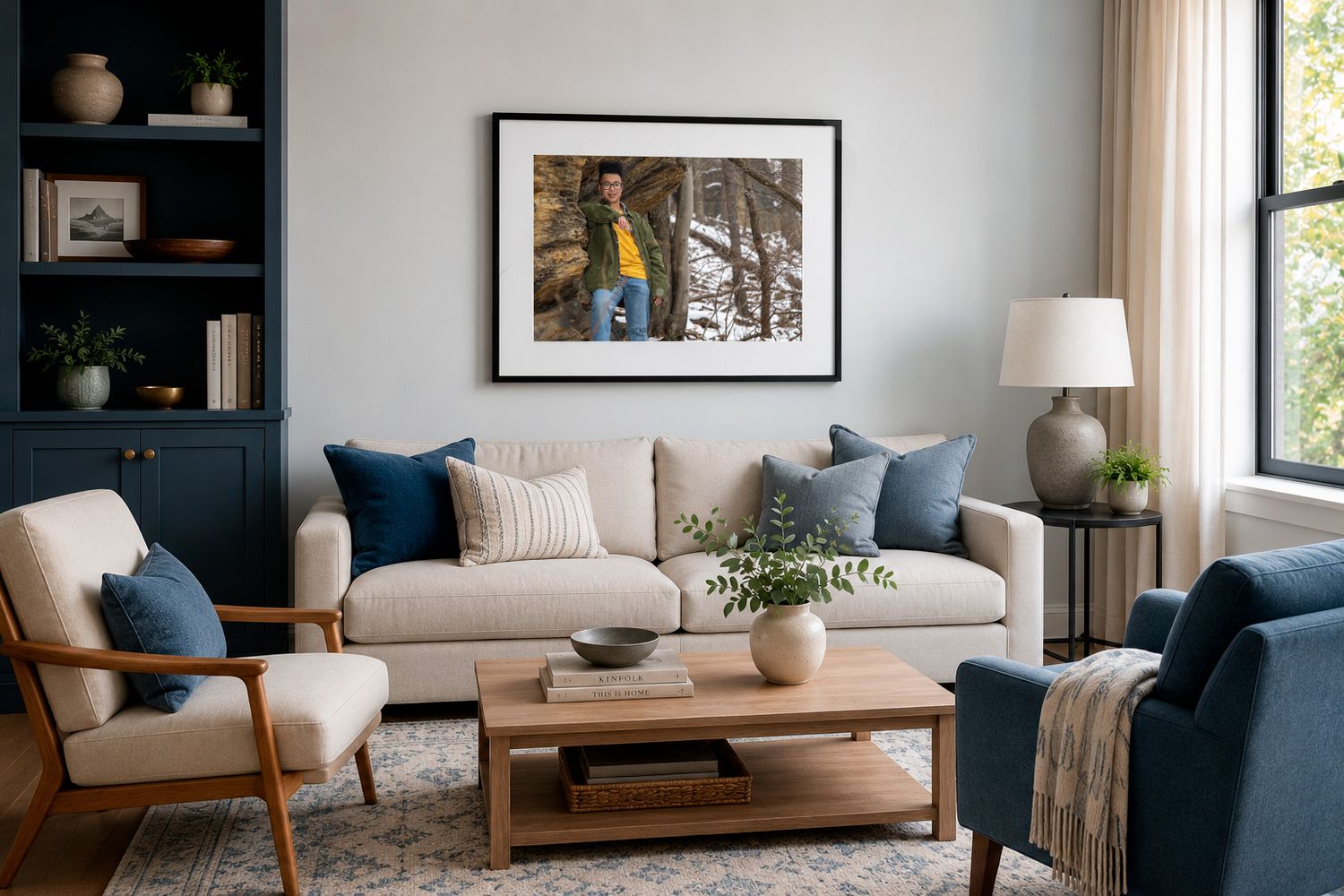 Cozy living room with beige sofa, blue accent chairs, wooden coffee table, and framed wall art above.