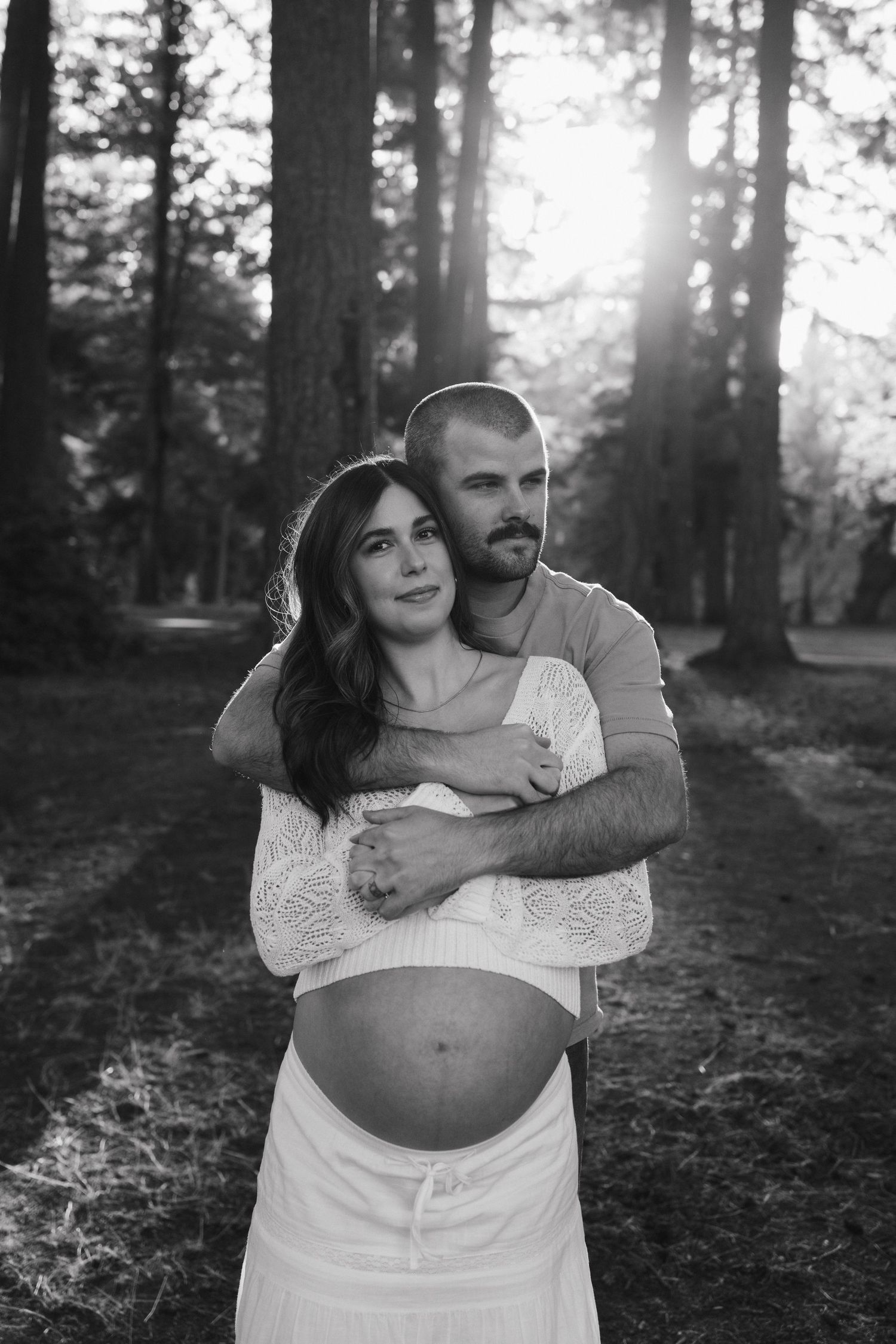 A tender embrace captured in a sunlit forest with soft light filtering through evergreen trees.