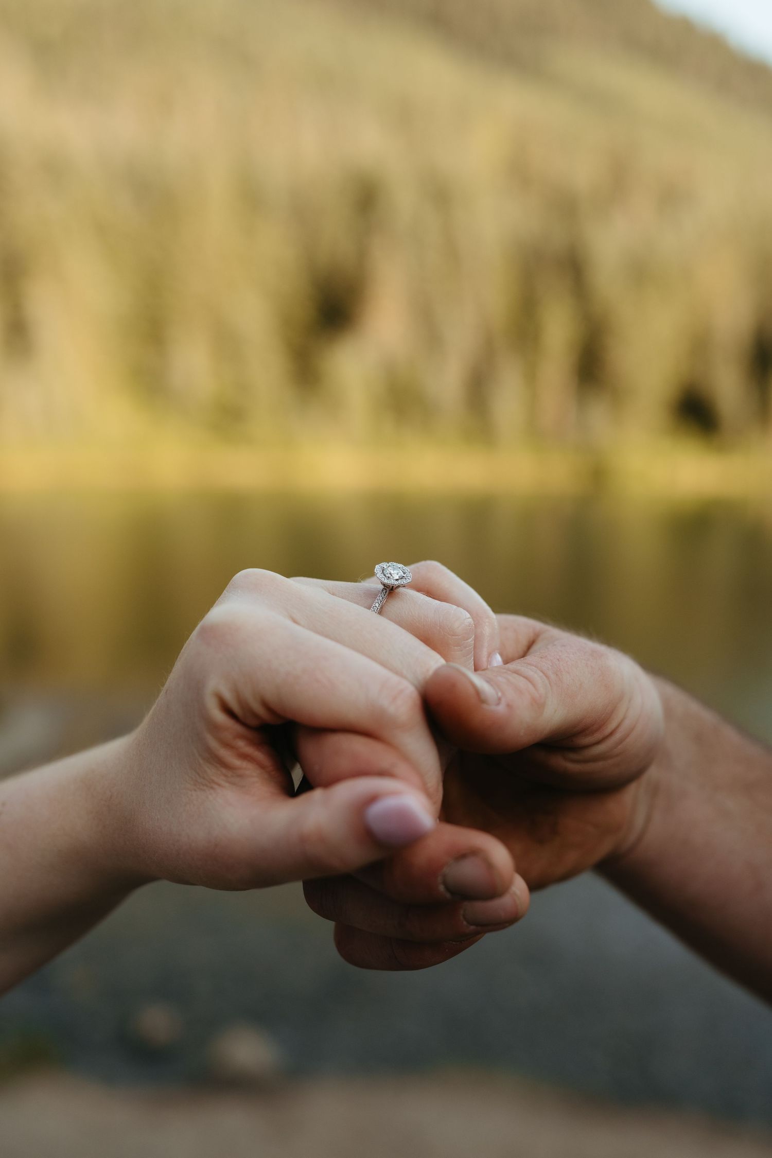 Close-up of hands displaying engagement ring against scenic mountain lake backdrop.