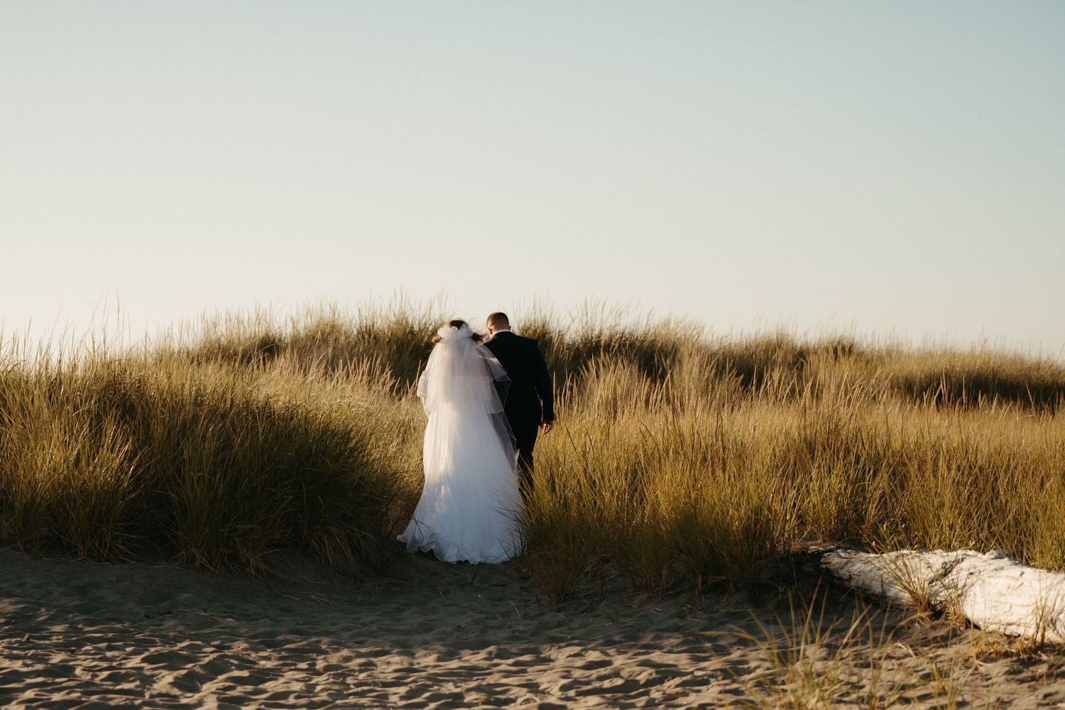 A bride and groom walk hand in hand through sandy beach dunes with tall grass under a clear sky.