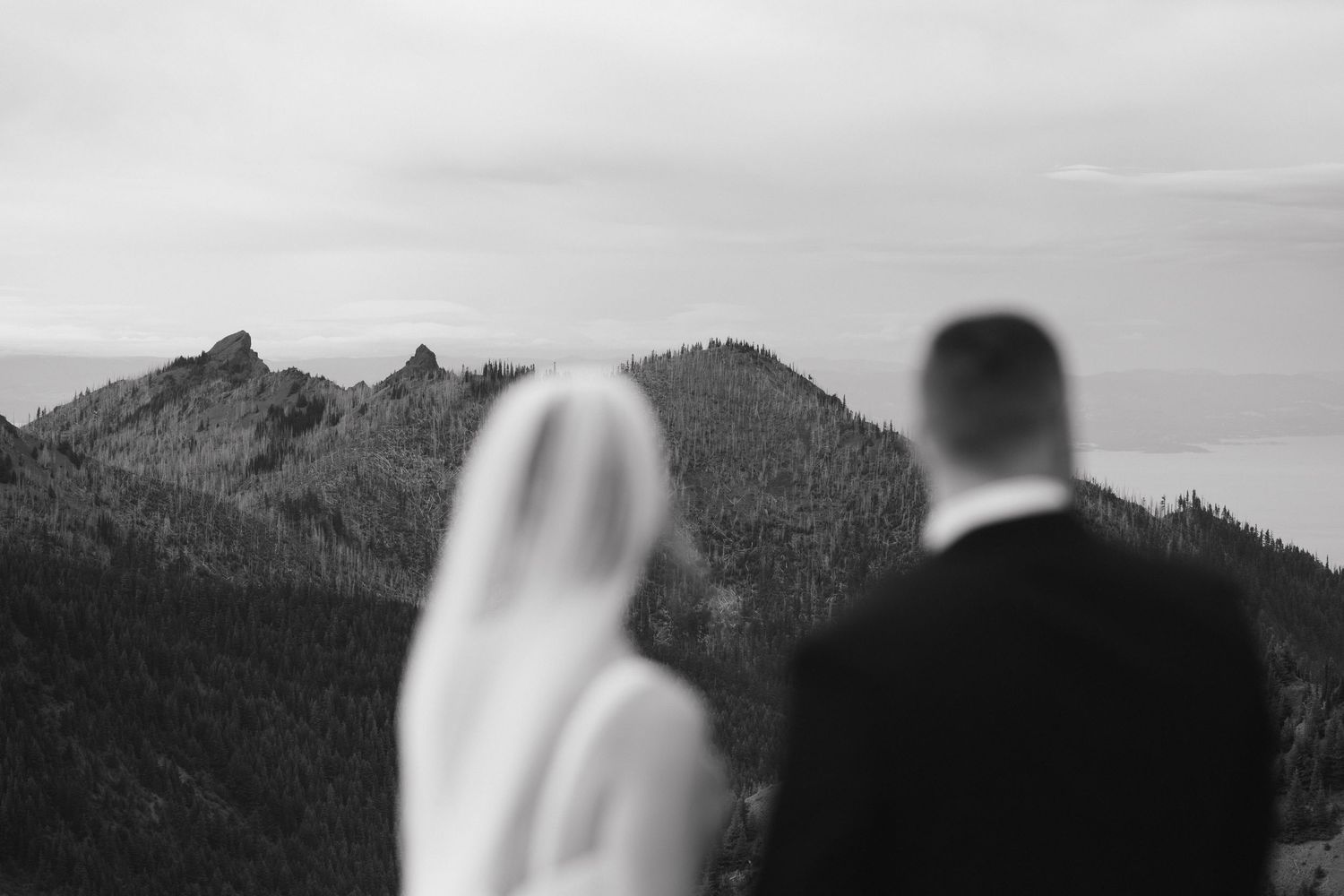 Black and white photo of a bride and groom gazing at a stunning mountain landscape on their wedding day.