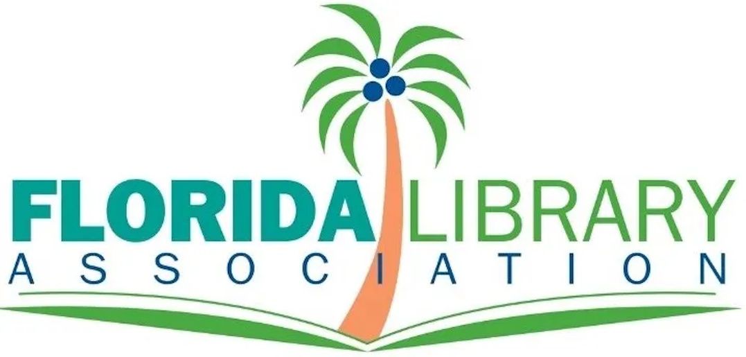 Florida Library Association logo featuring a palm tree, open book, and bold green and orange text.