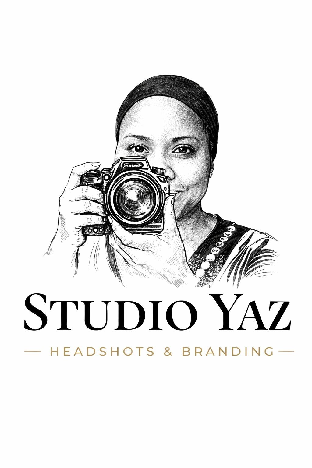 Black and white illustrated logo of a photographer holding a camera with the text Studio Yaz.