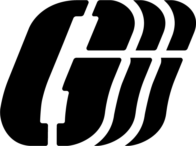 A bold black graphic logo featuring stylized overlapping letter G shapes on a white background.