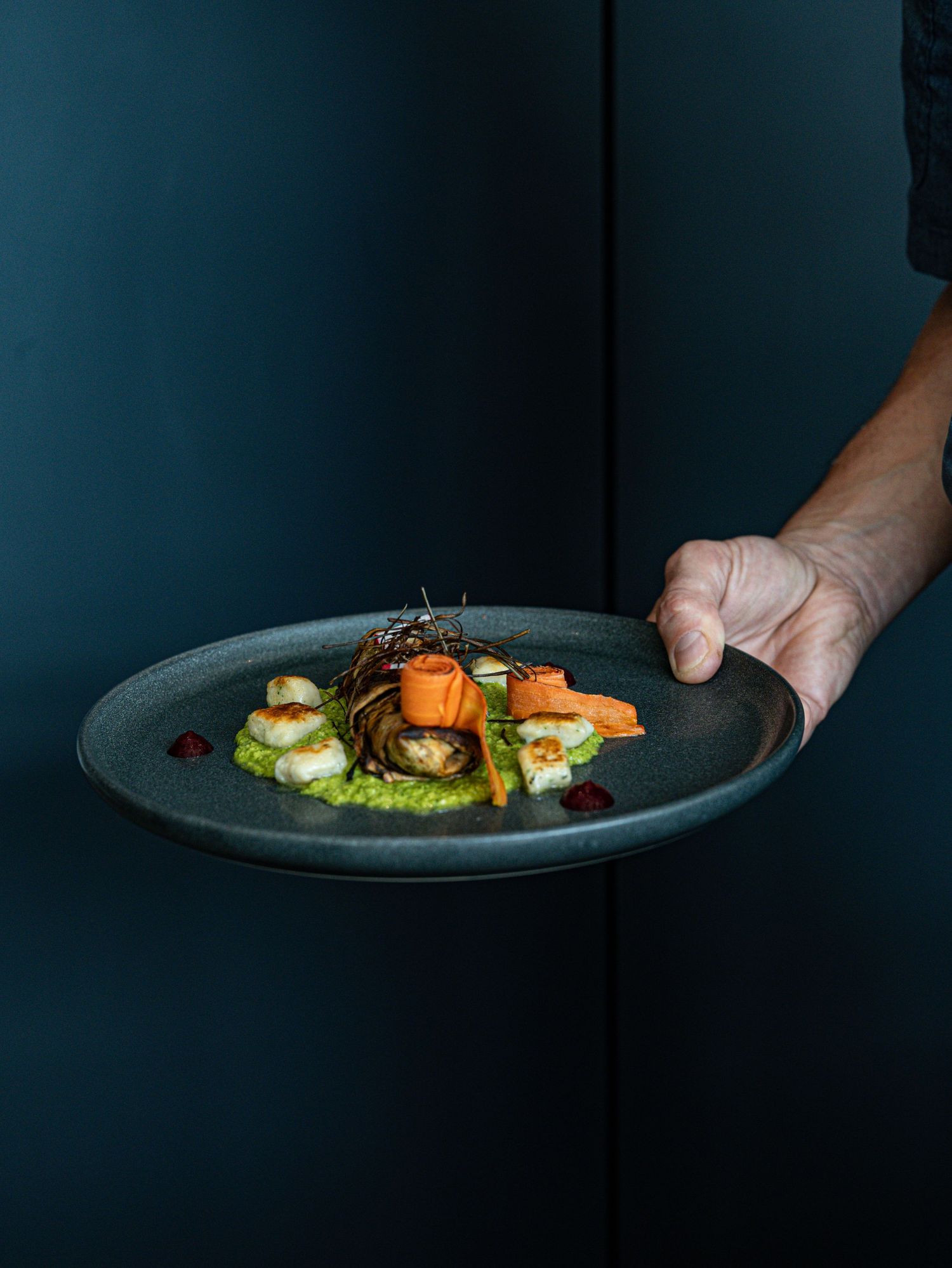 Hand presenting an elegant fine dining plate with vegetables and garnishes on dark background.