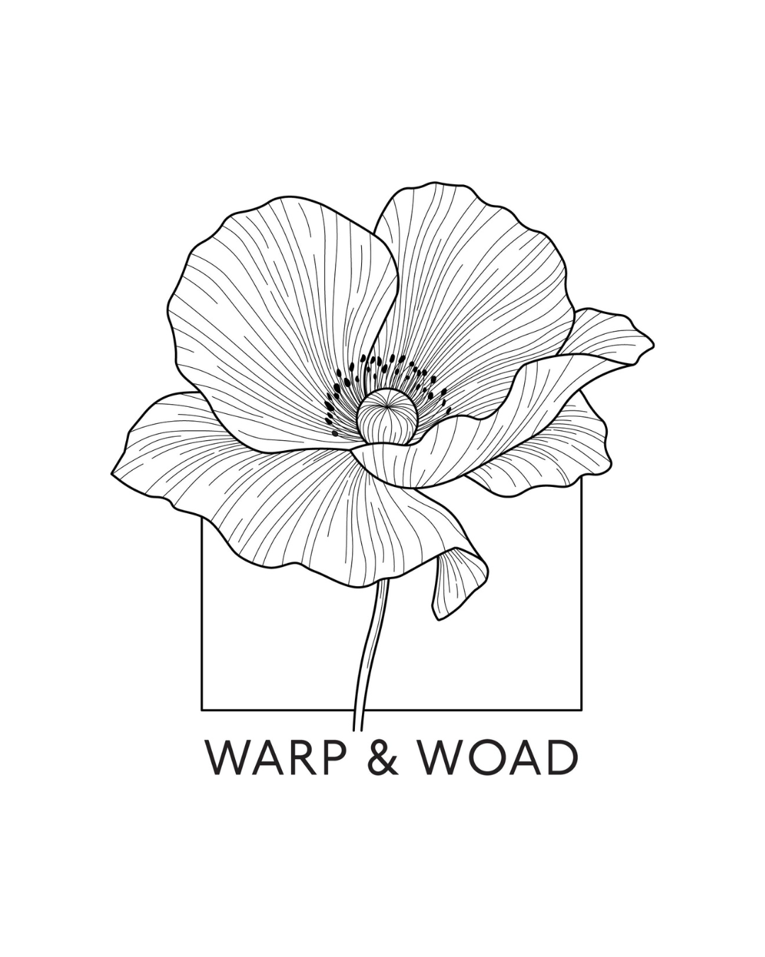 Elegant black and white line drawing of a poppy flower with Warp and Woad text below.