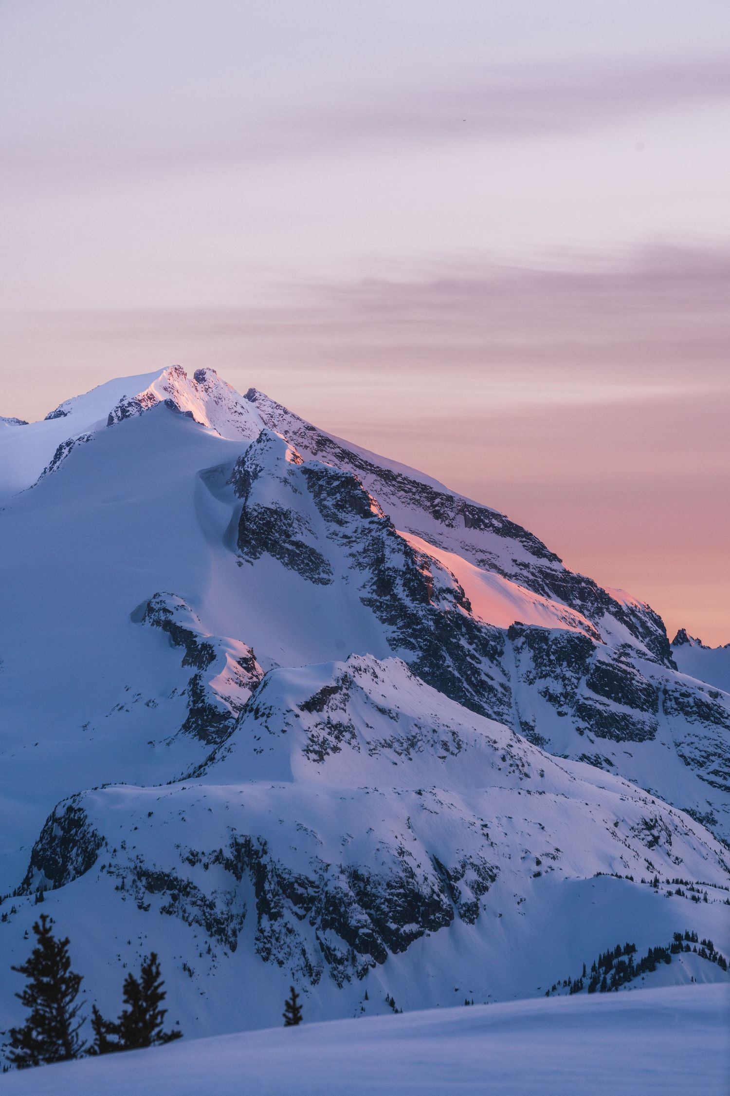Snow-covered mountain peak bathed in pink and purple alpenglow at sunset in Whistler.