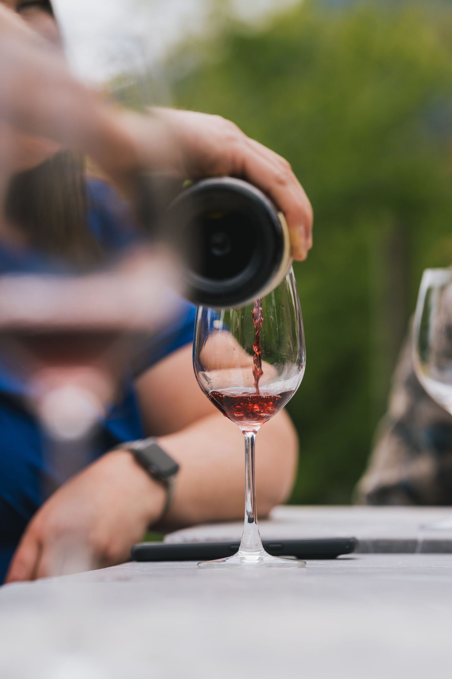 Person pouring red wine into an elegant crystal glass outdoors during a scenic wine tasting event.