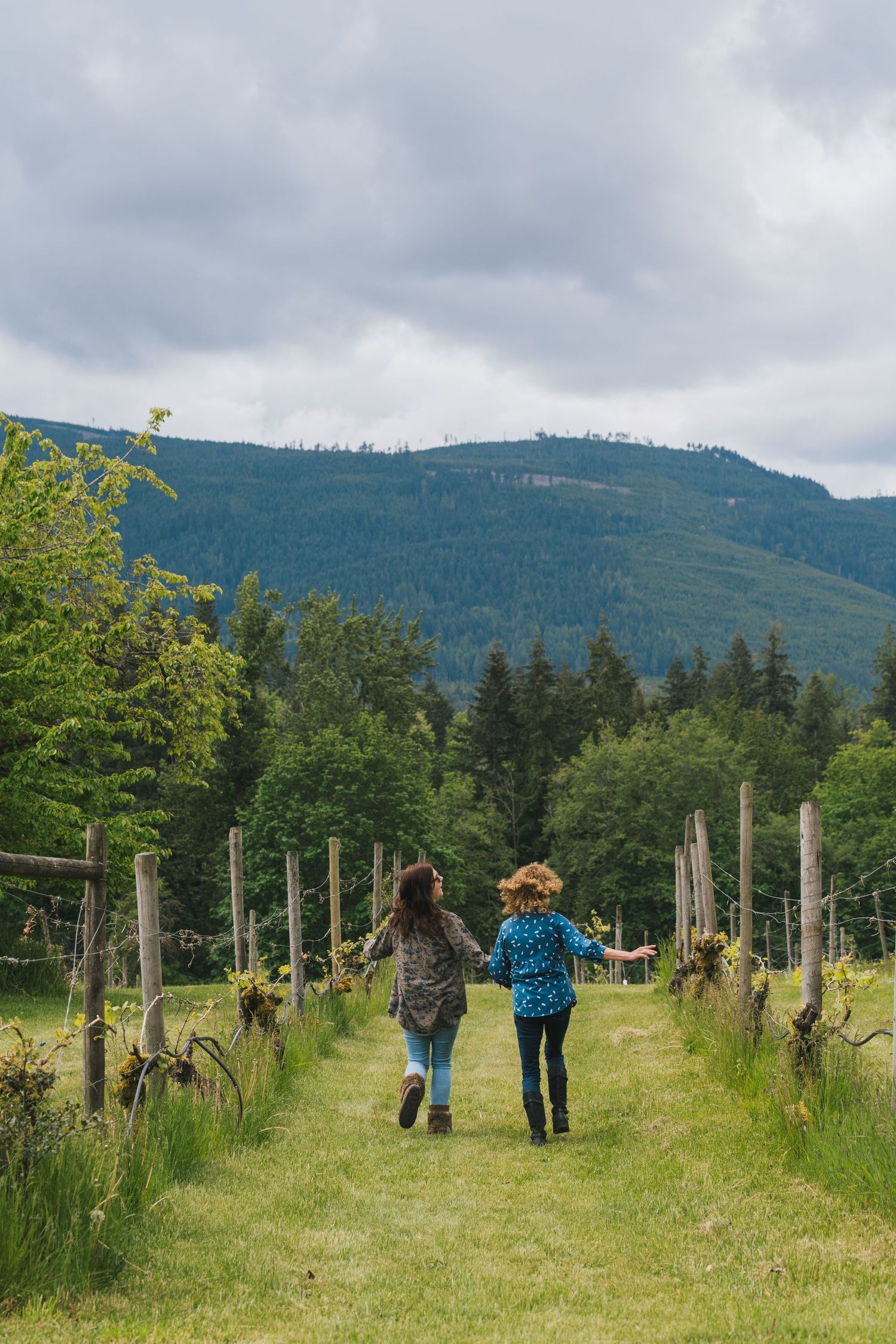 Two girls running hand in hand through a vineyard path with forested mountains behind them.