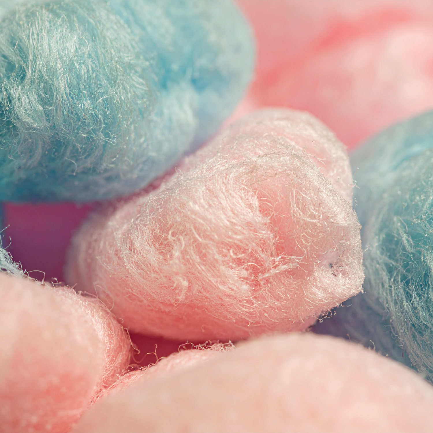 Close-up view of pink and blue cotton candy textures creating a soft, dreamy pastel background.