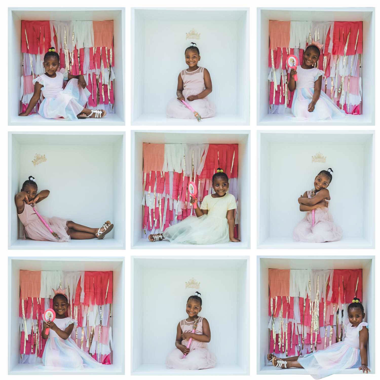 Studio photography set with pink and white draping backdrop.