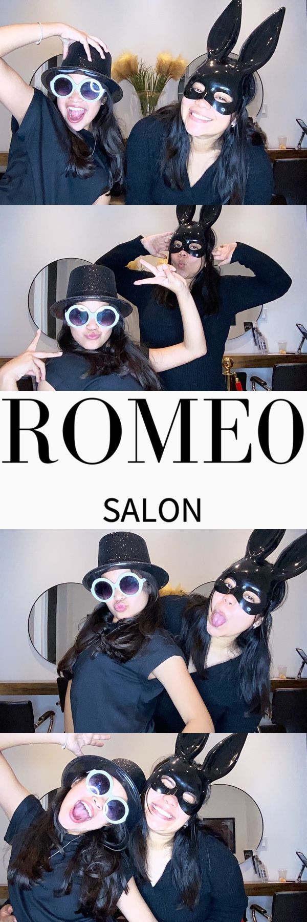 Friends in bunny masks and hats pose for fun photo booth style pictures at Romeo Salon.