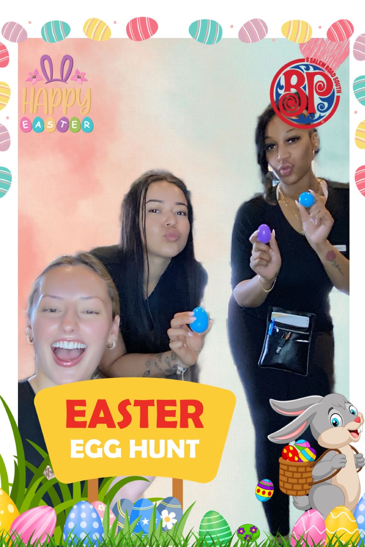 Easter egg hunt promotional banner with cartoon bunny and colorful decorated eggs.