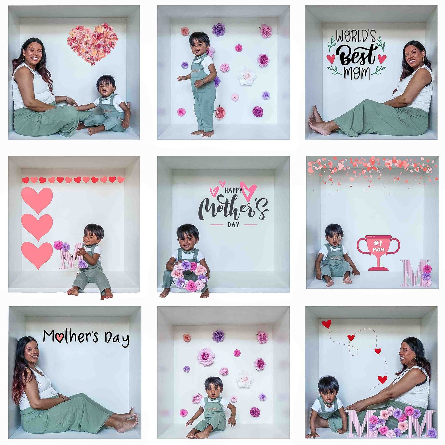 Mother's Day themed photo booth grid with pink hearts and decorative text elements.