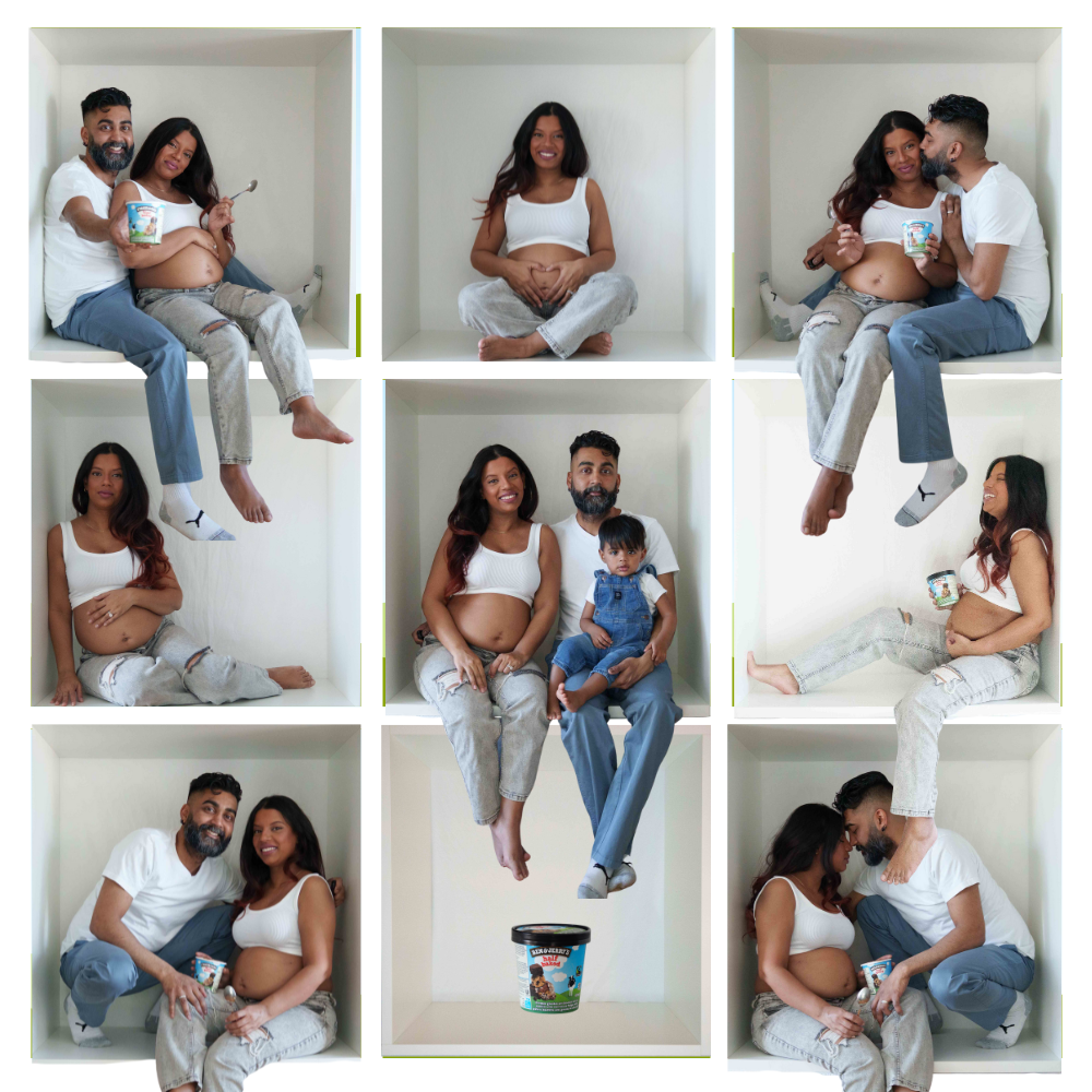 Family maternity photo series showing loving moments in white cube setting.