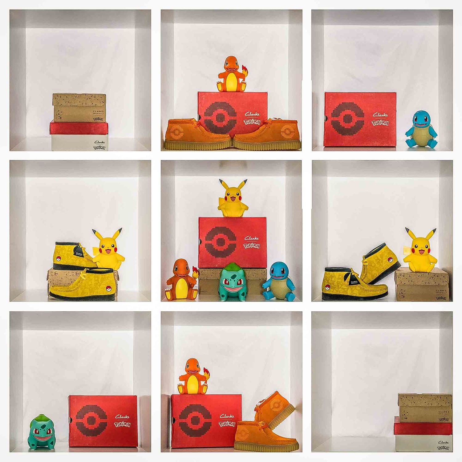 Pokemon merchandise including Pikachu plush and themed footwear arranged on display shelves.