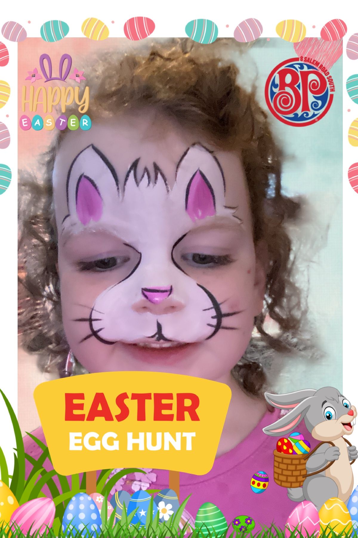 Easter egg hunt photo series with bunny face paint and festive decorations.