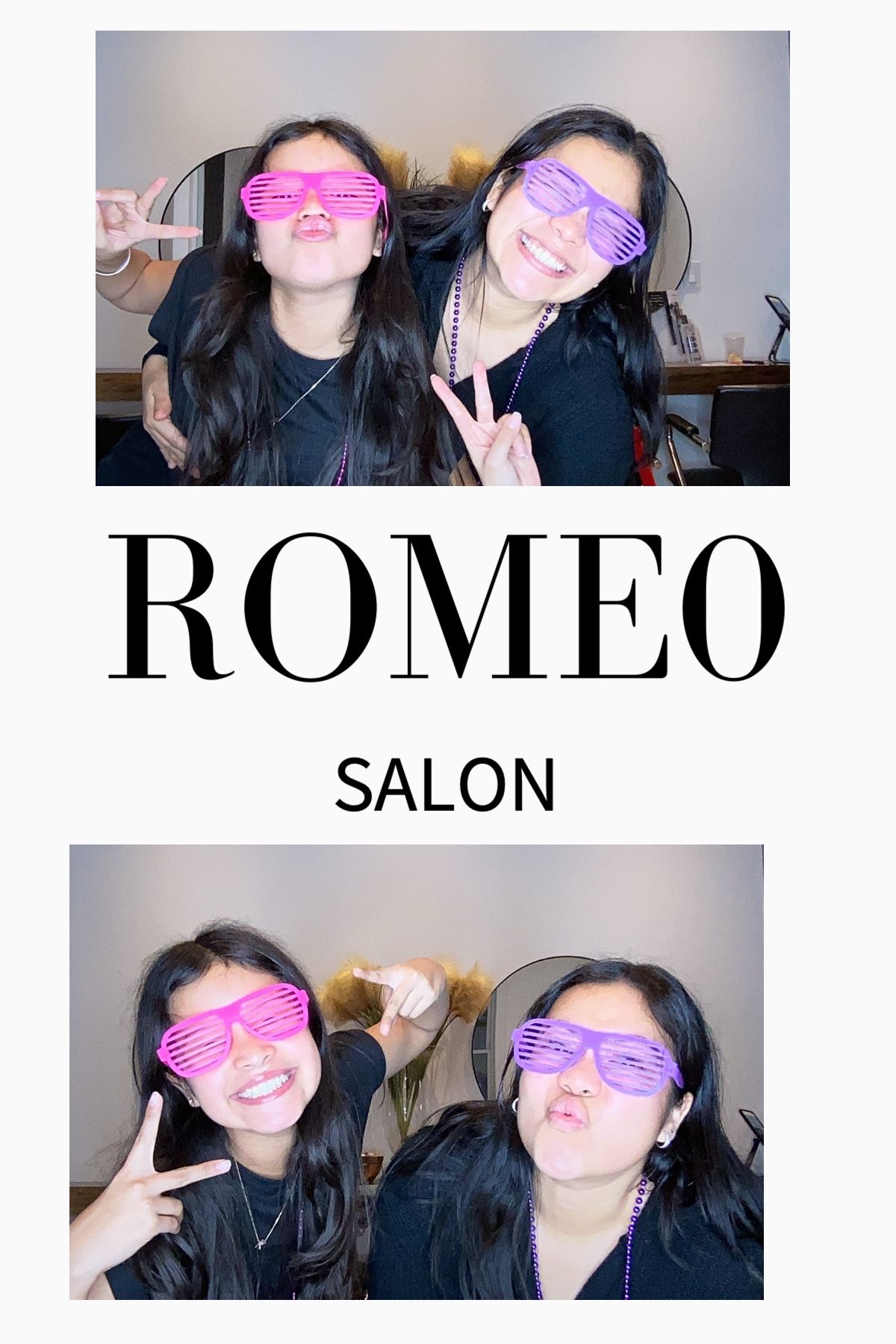 Two friends in pink sunglasses make playful faces at Romeo Salon.