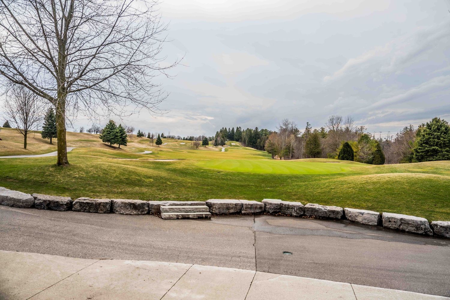 A scenic golf course with lush green fairways, stone retaining wall, bare tree, and overcast sky in early spring.