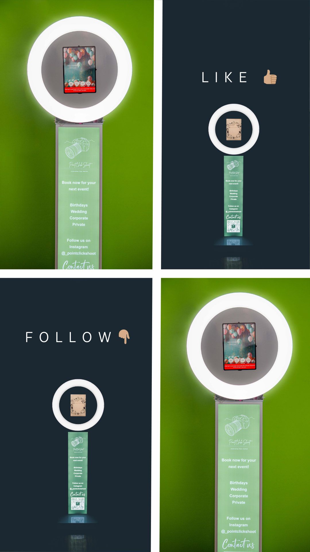 Collection of social media photo booth setups with ring lights and digital displays.