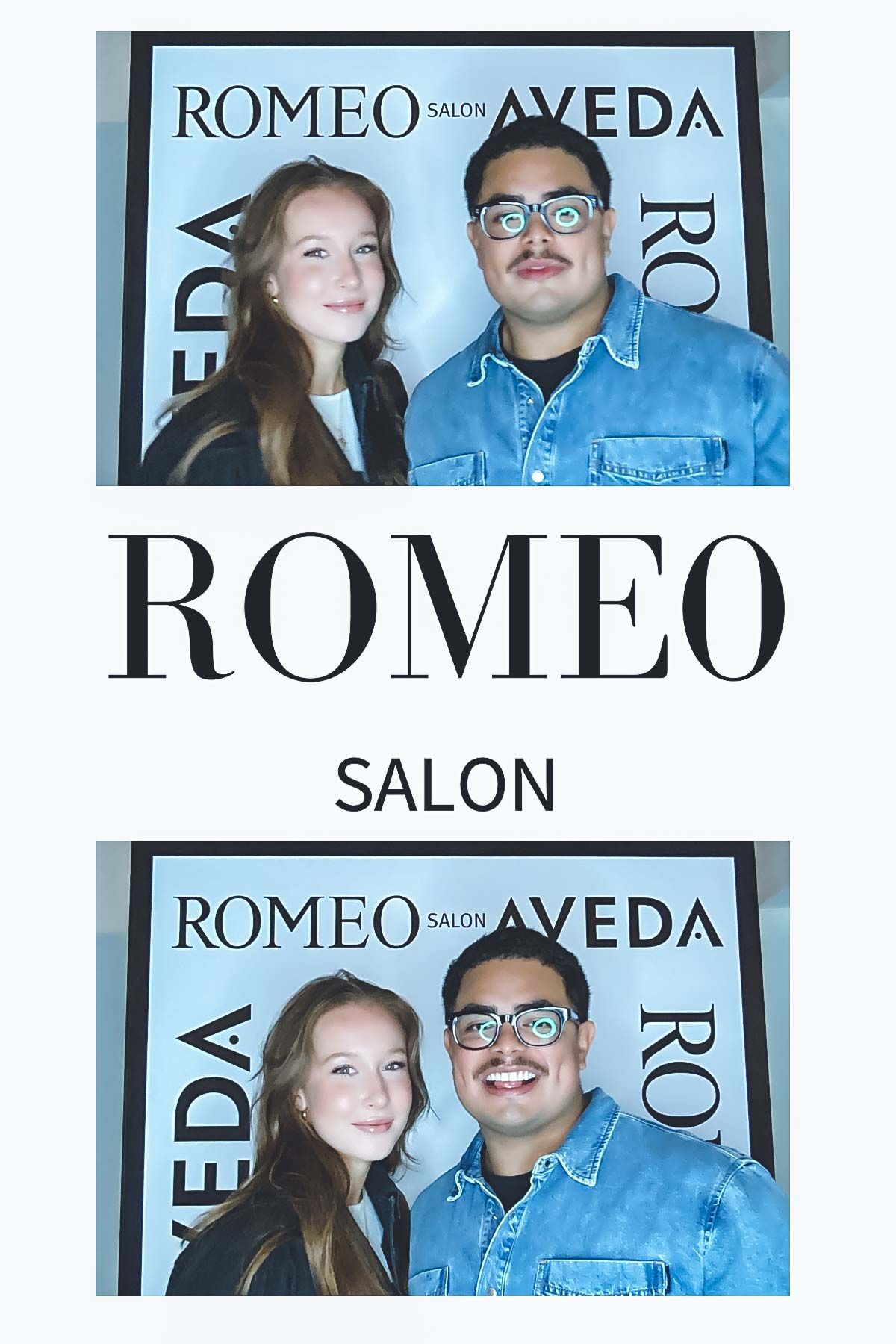 Staff members smiling in front of a Romeo Salon Aveda branded wall.