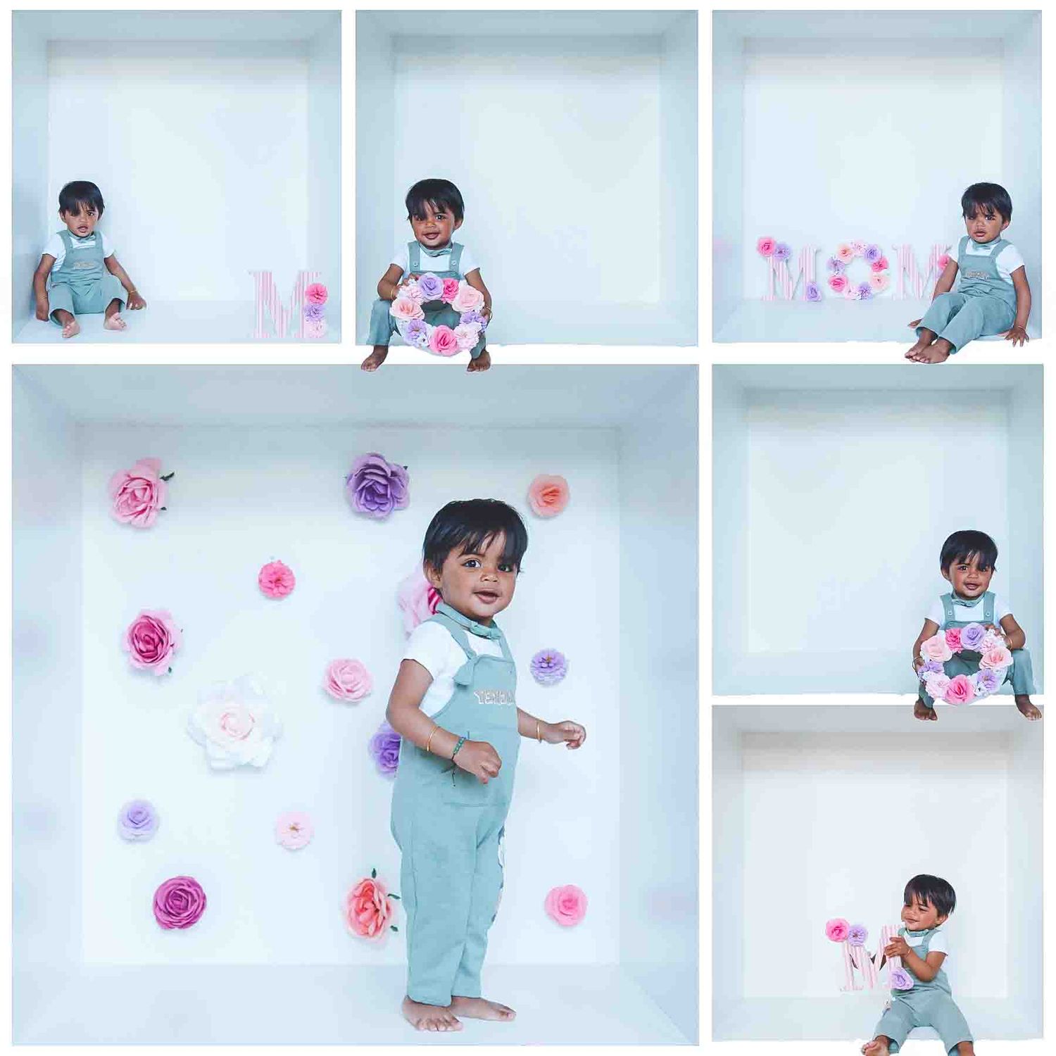 Photo series in a white studio setting with pink floral decorations.