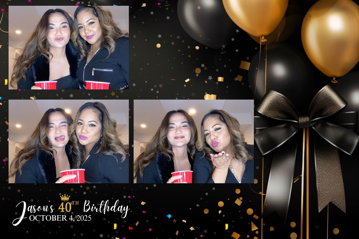 Birthday celebration photo strip with gold and black balloons against starry background.
