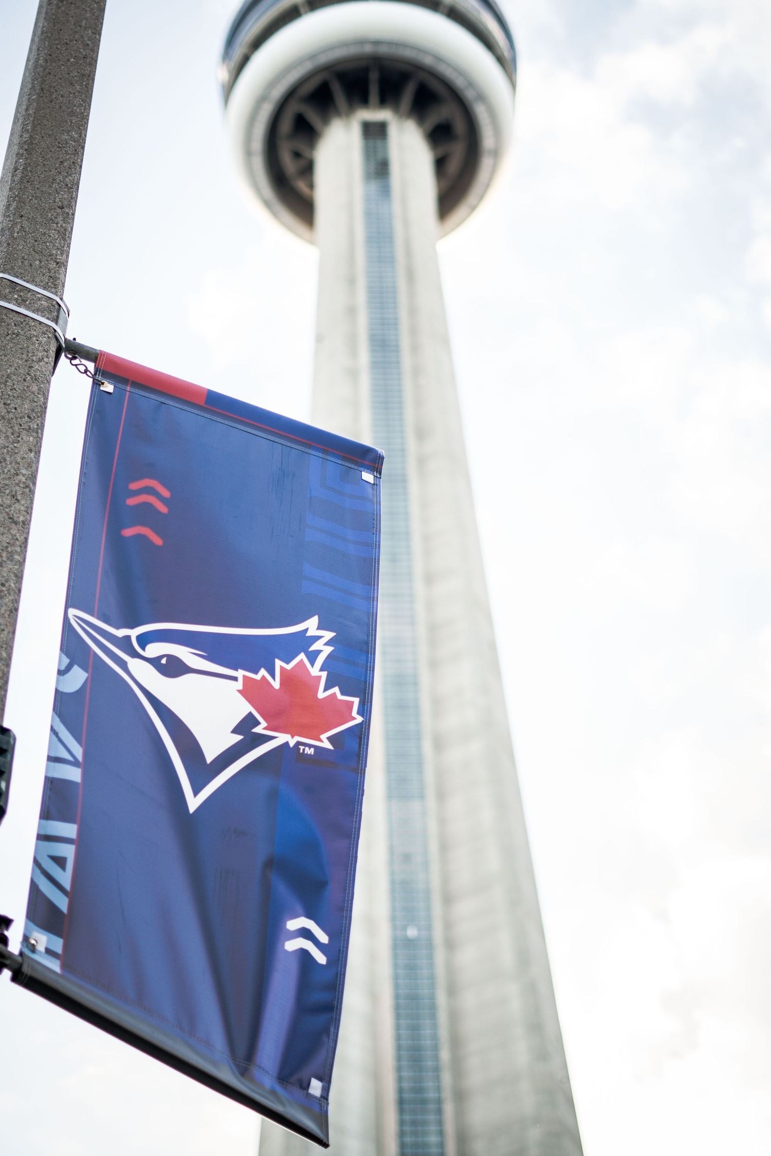 Blue sports team banners displayed against tall white tower structures in the background.