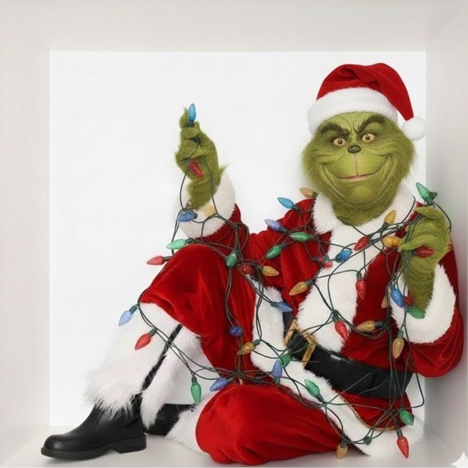 The Grinch character tangled in Christmas lights wearing a Santa hat.
