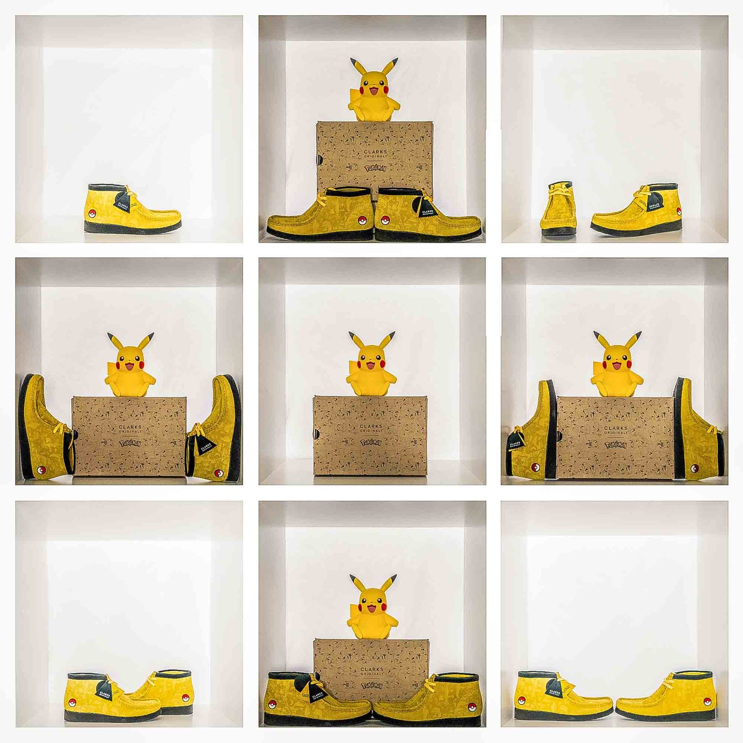 Yellow Pokemon-themed boots displayed with Pikachu plush toys on white shelving units.