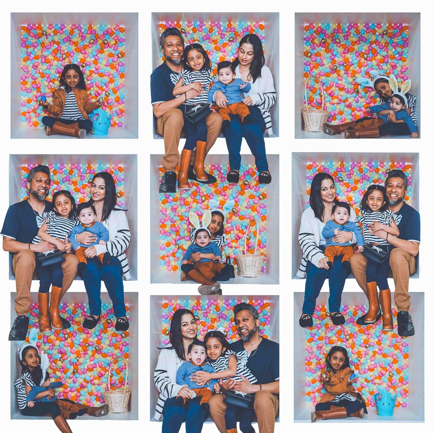 Collection of family Easter portraits arranged in a horizontal strip with pink and blue floral backdrop.