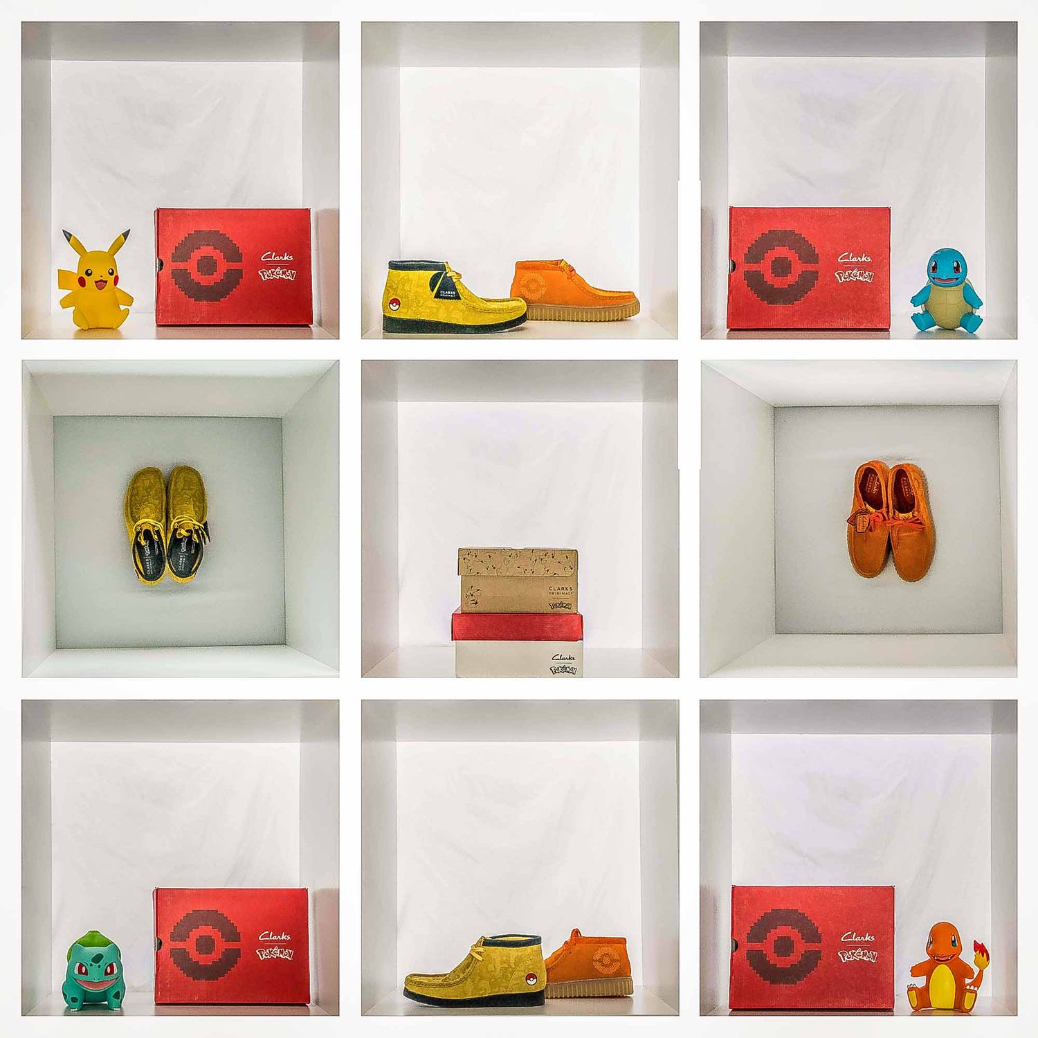 Pokemon-branded shoes and collectibles organized in retail display grid.