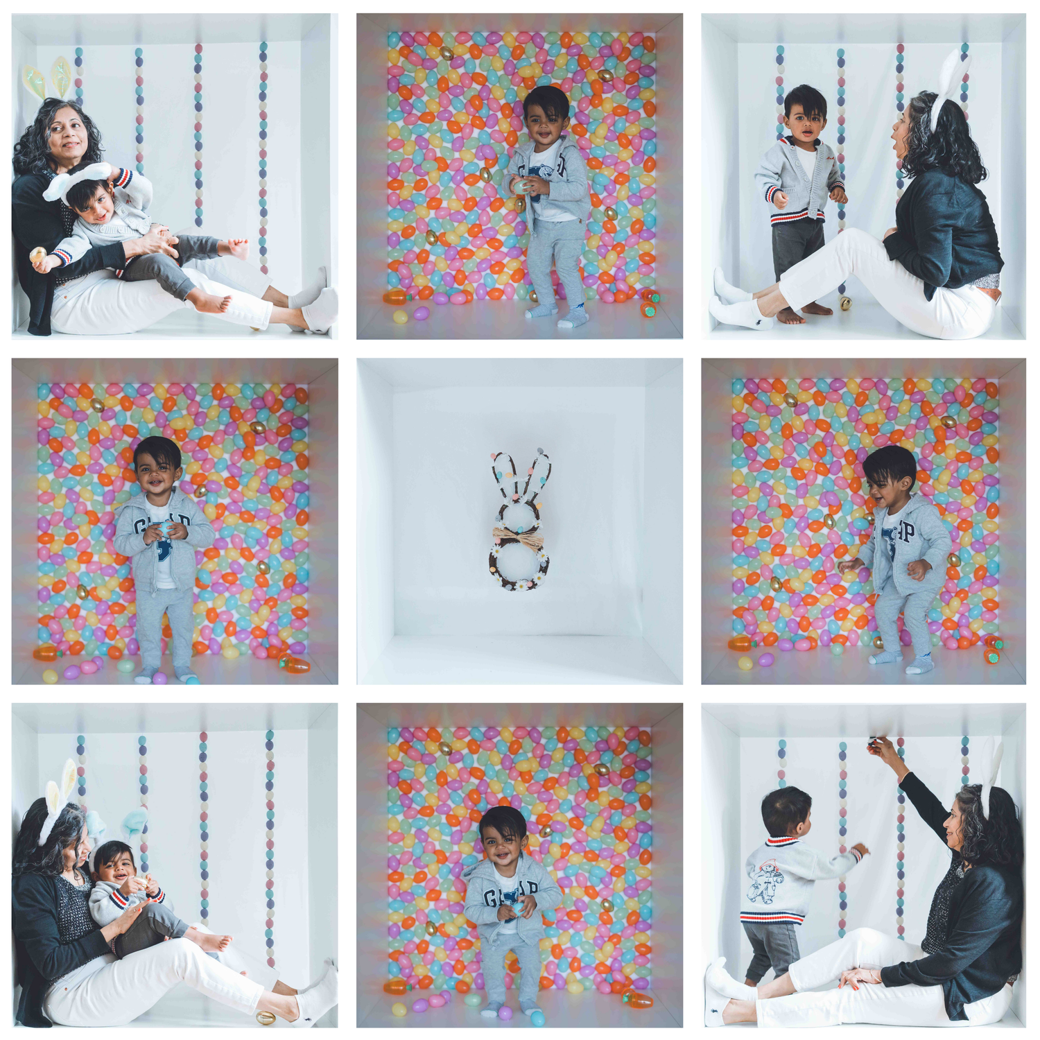 Photo collage featuring a colorful floral backdrop with various poses against a white and pink floral wall.