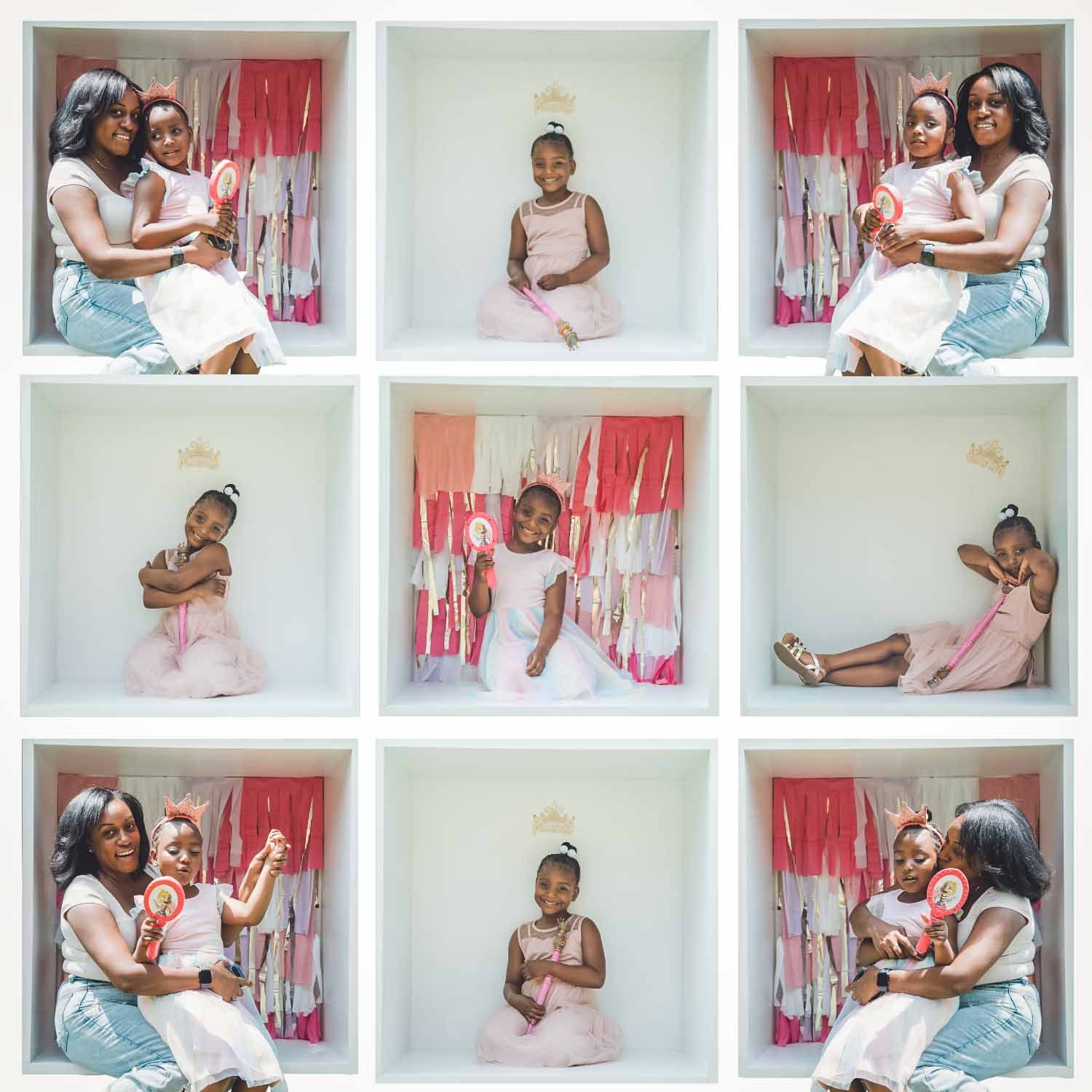 Grid layout of photo booth snapshots featuring casual poses against a white and red background.