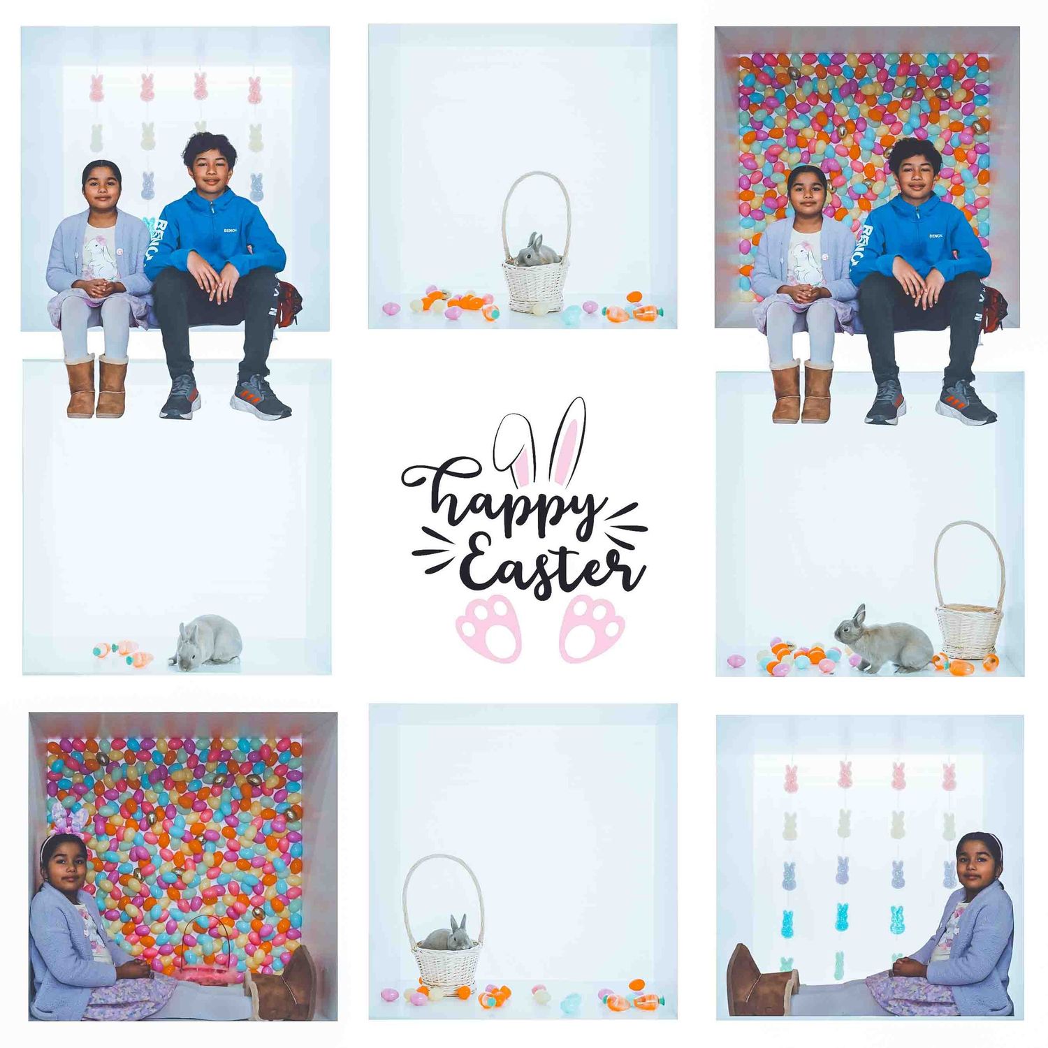 Easter-themed photo collection with bunny decorations and colorful floral background.