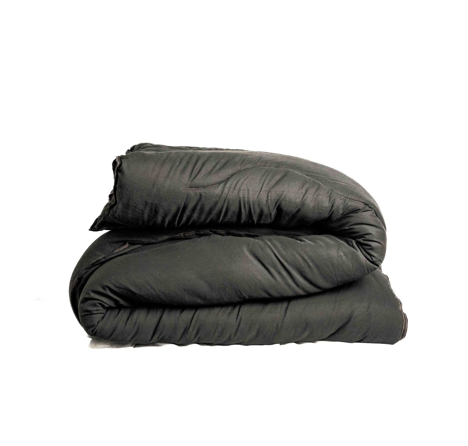 Dark charcoal gray folded comforter, neatly rolled and stacked, showcasing a soft, puffy quilted design.