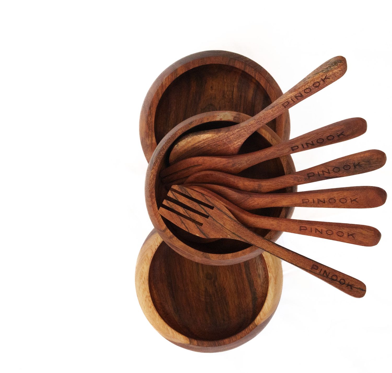 PINOOK branded wooden salad bowls set with matching engraved fork and spoon utensils in natural acacia wood.