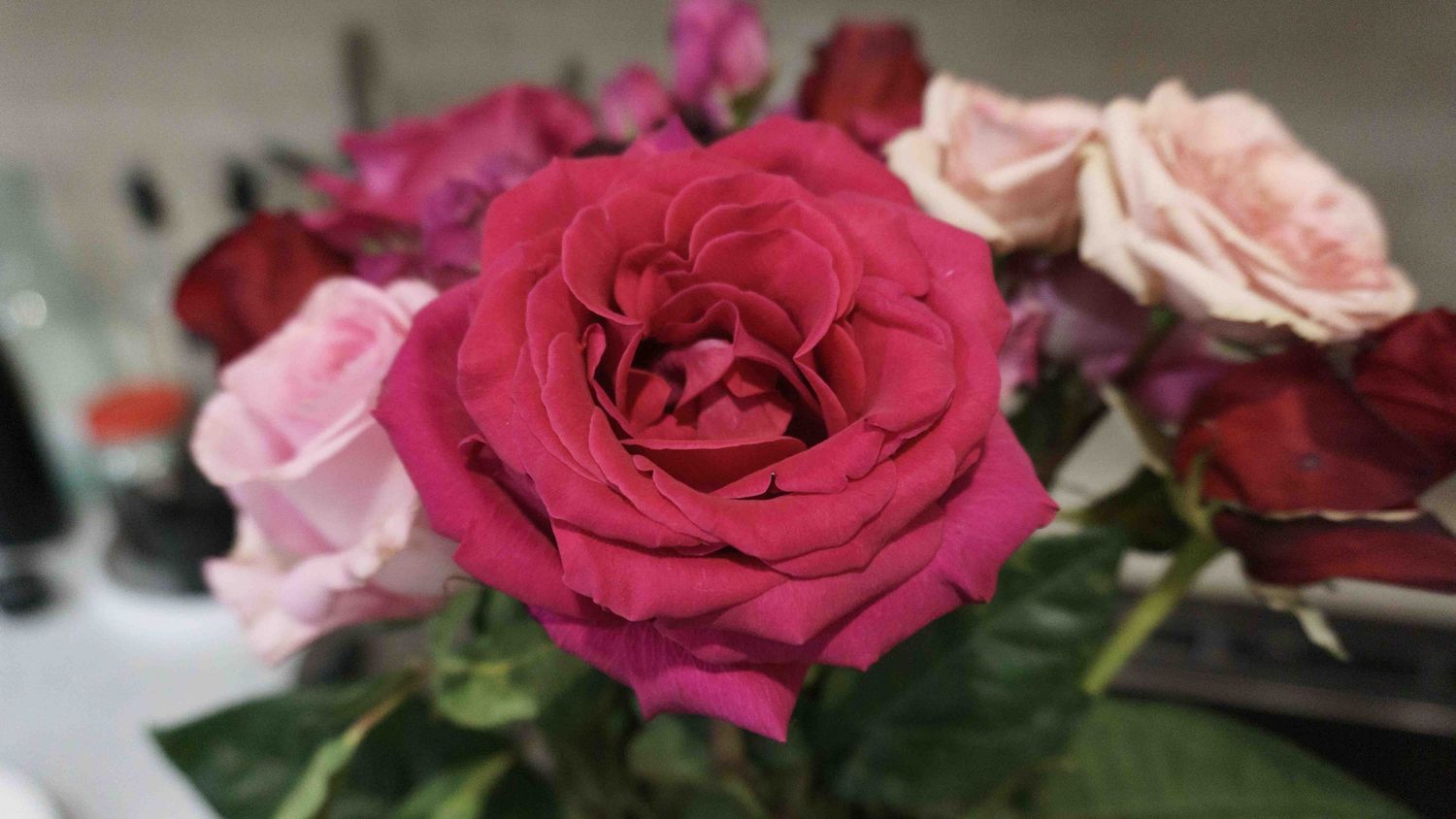 Vibrant pink roses and floral arrangements in close-up detail.