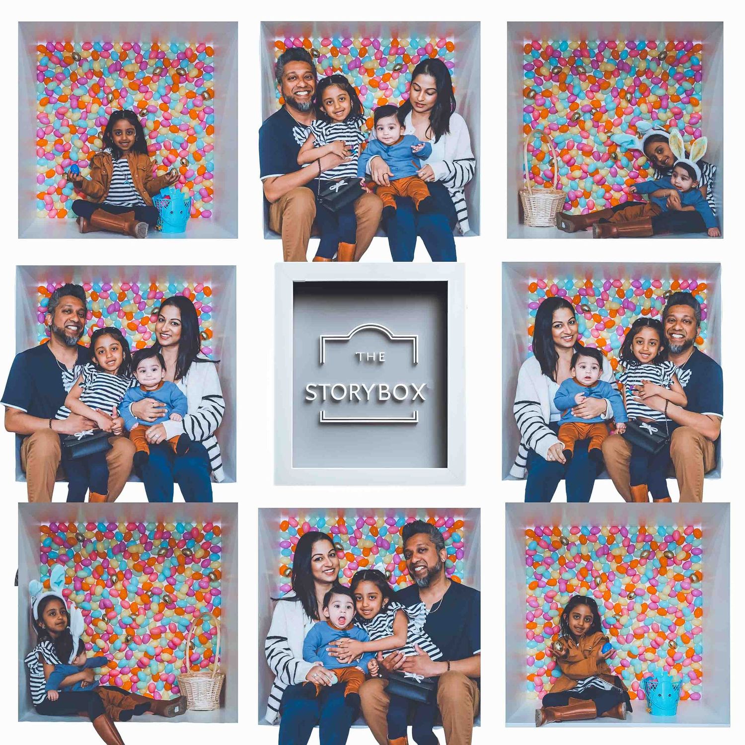 Professional photo gallery with families posed against a consistent floral patterned backdrop.