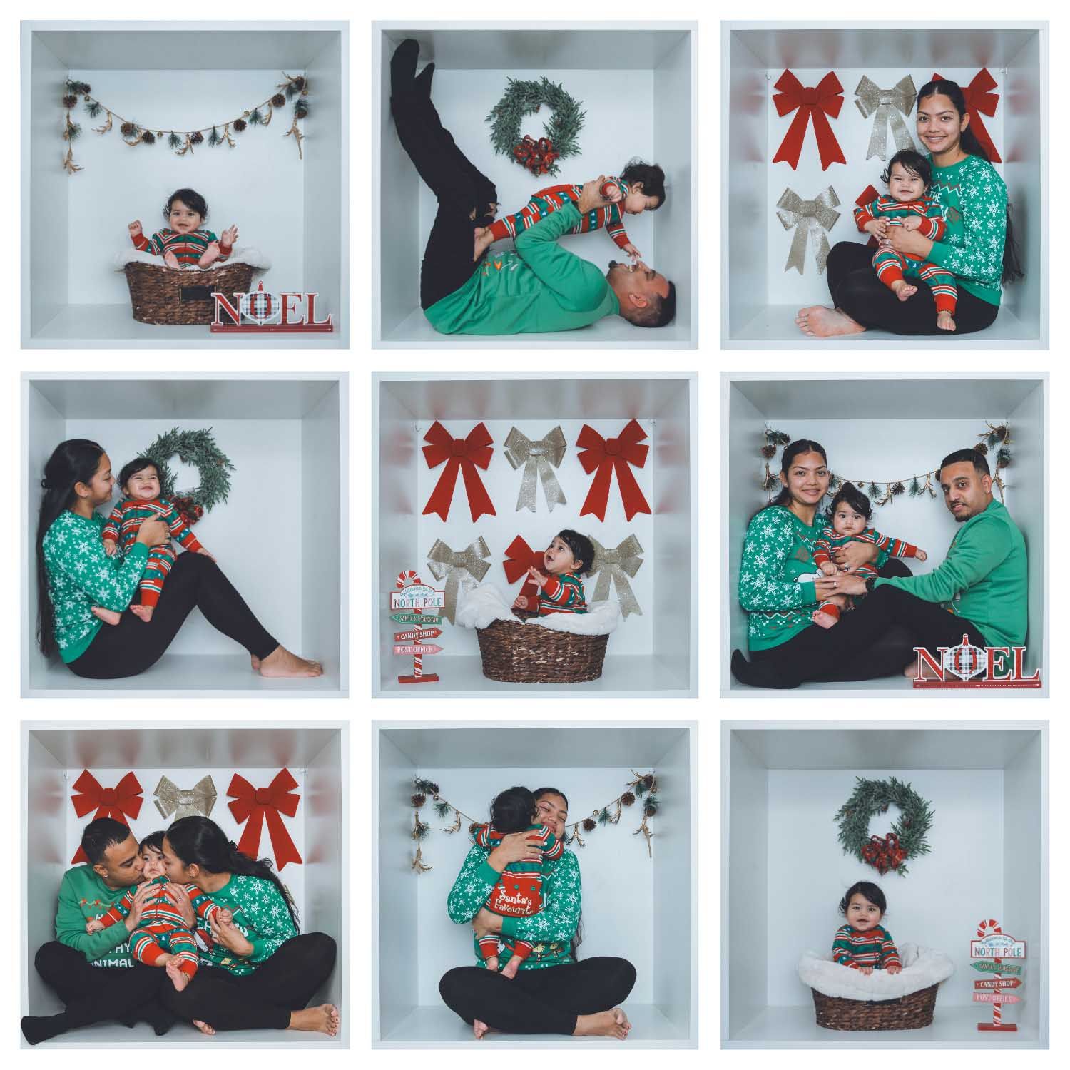 Holiday photo collection with green outfits and Christmas decorations in studio setting.