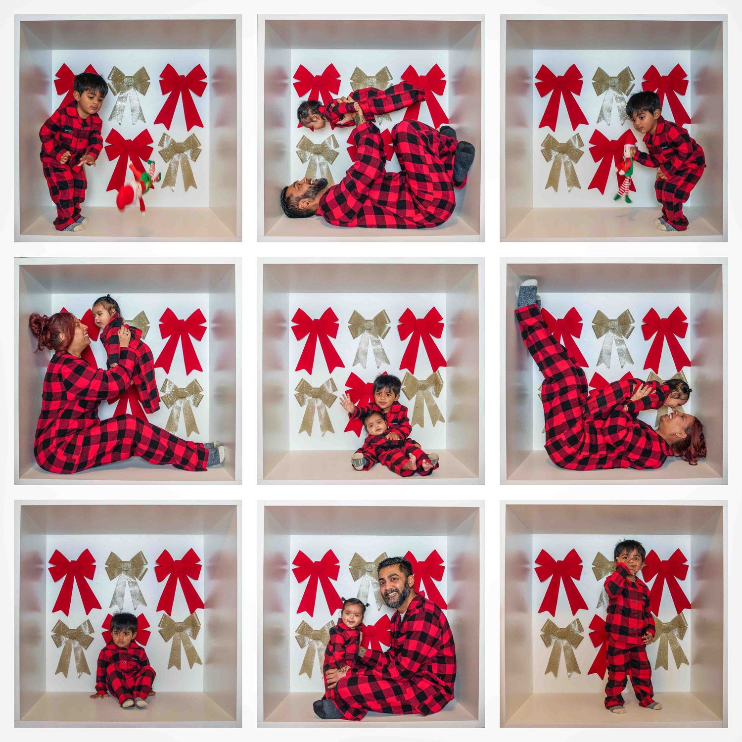 Collection of Christmas themed photos with red buffalo plaid and burlap bow decorations against white background.