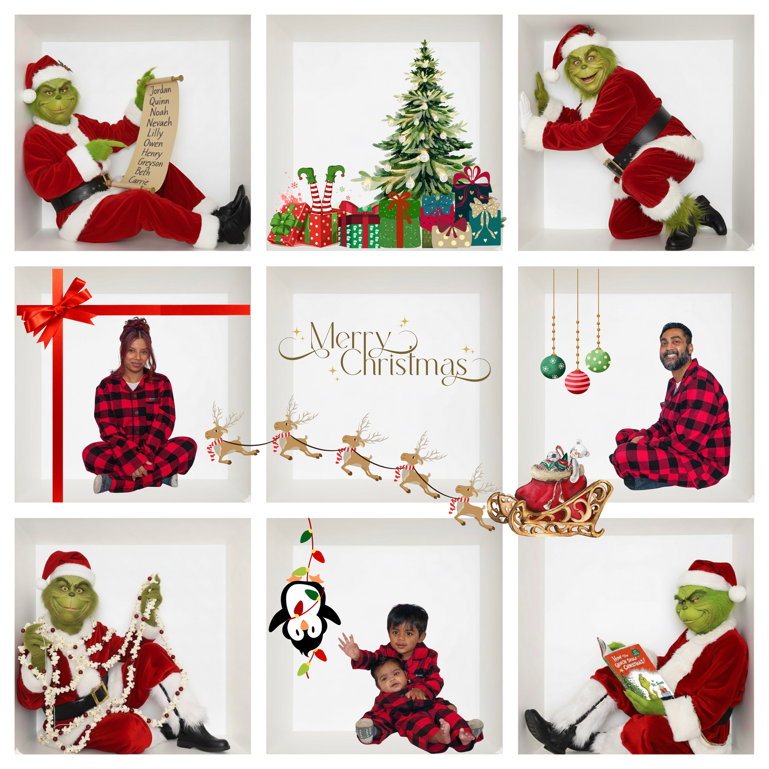 Christmas themed photo collage with decorative elements including trees, wreaths and holiday characters.