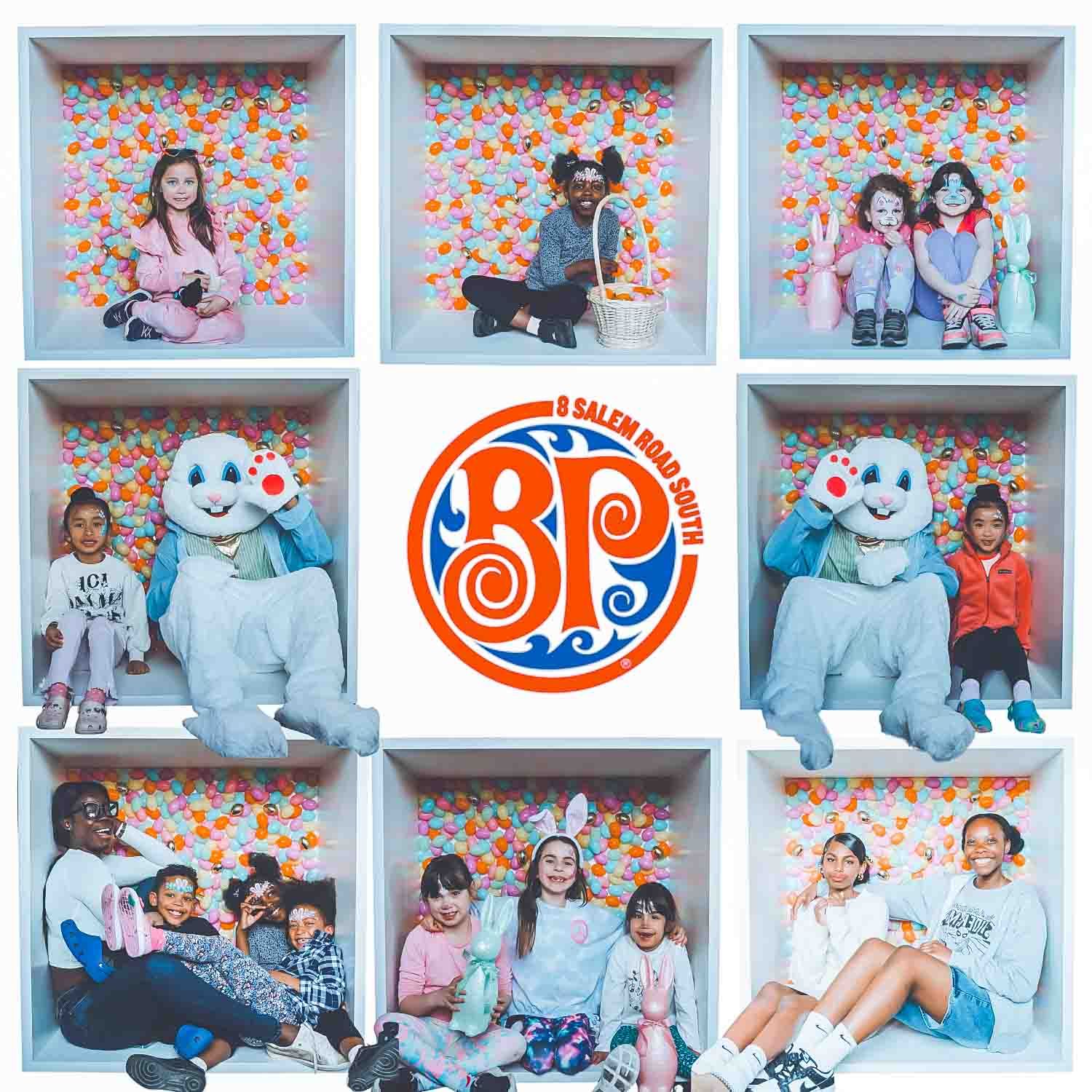 Photo booth mosaic with light blue mascot character and orange floral background patterns.