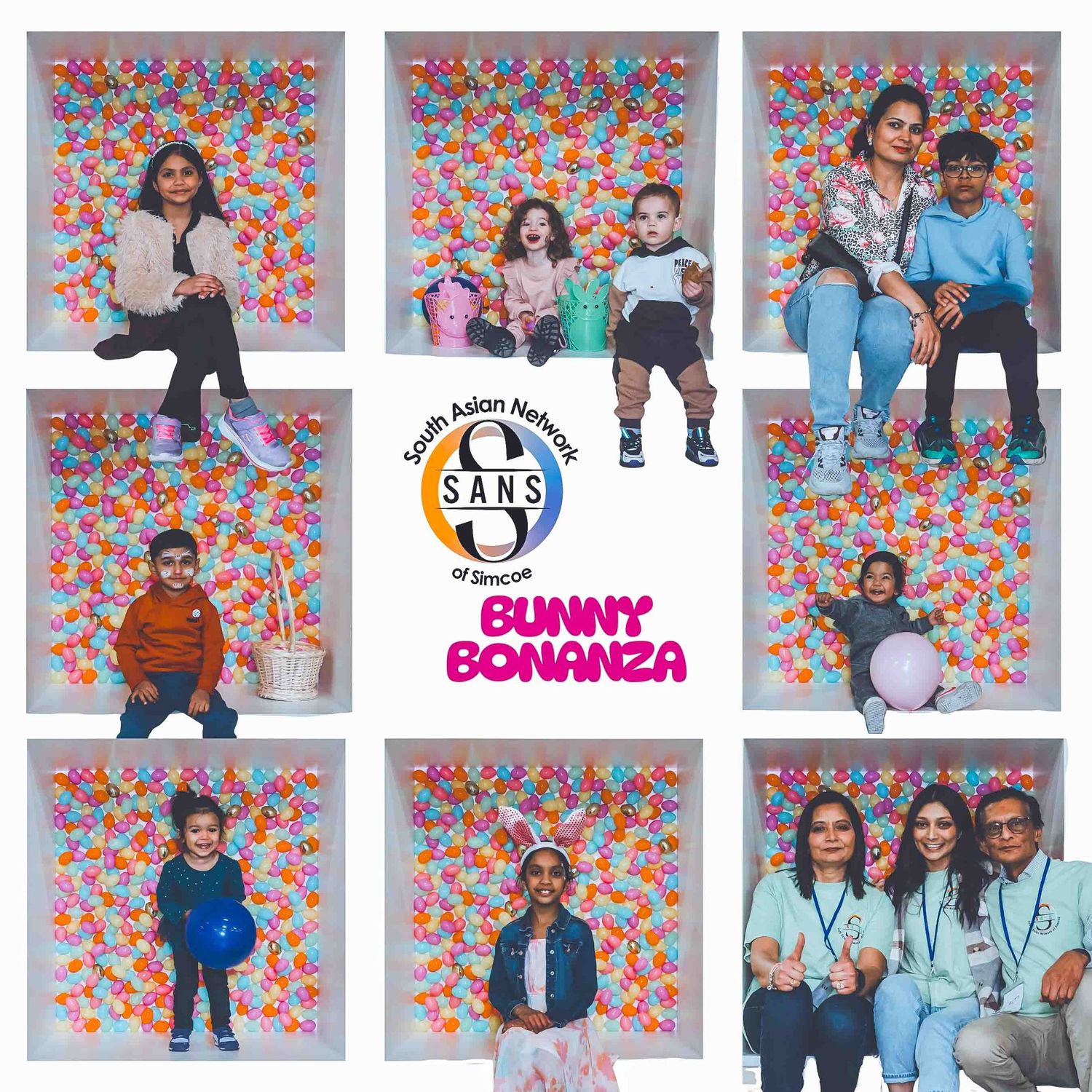 Grid of professional portraits with consistent floral backdrop and Easter-themed decorations.