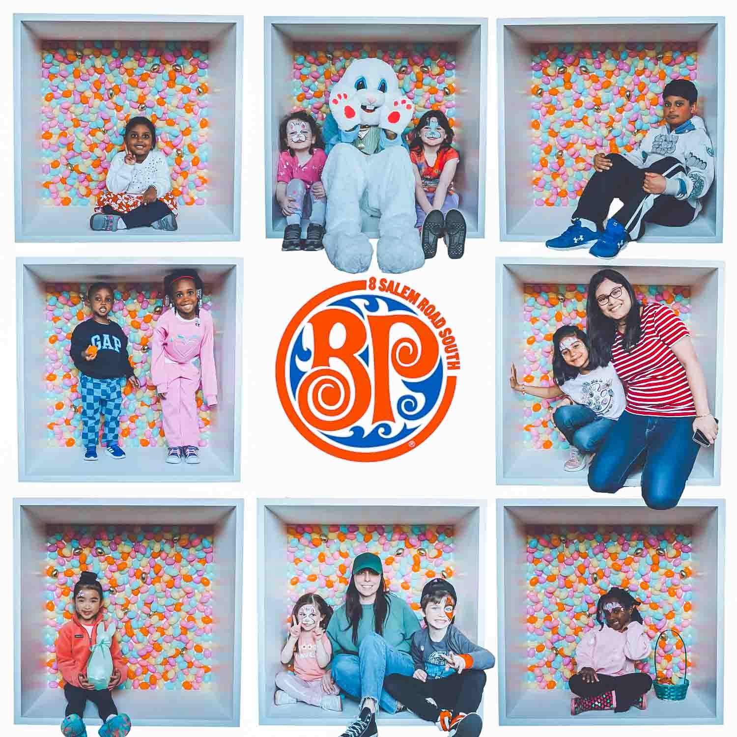 Photo booth grid layout featuring orange floral patterns and multiple poses in white frames.