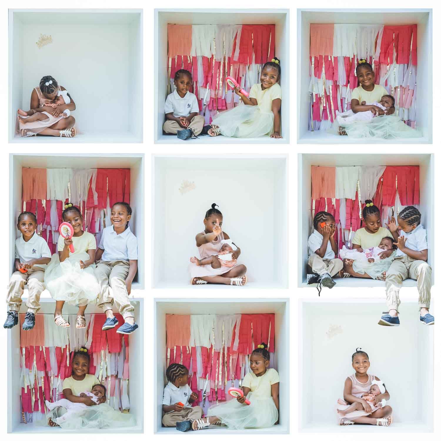 Collection of photo booth style images with white and red backdrop showing casual portrait poses.