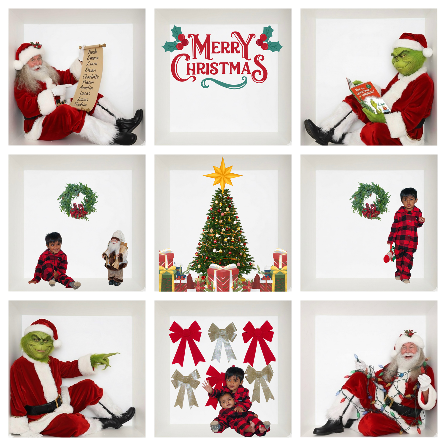 Christmas themed photo collection with traditional holiday props and decorations.