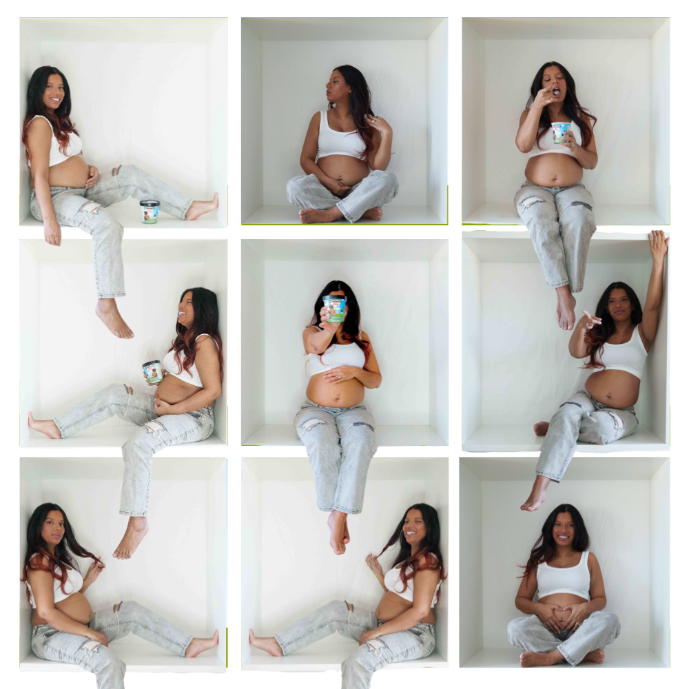 Nine-panel maternity photo series in casual white and denim style against white background.