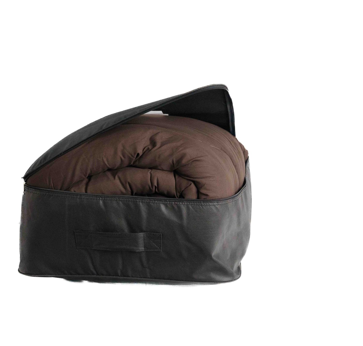 Black storage bag with open zipper revealing a folded brown comforter or blanket inside.